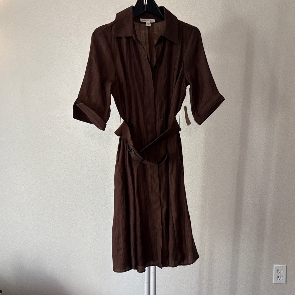 Coldwater Creek Chocolate short Sleeve textured shirt Dress with belt NWT